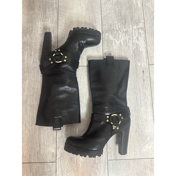0400024794410_PERFECTBLACK?wid  Tory Burch Harness Platform High Heel Lug Sole Black Leather Moto Biker Boot 10
